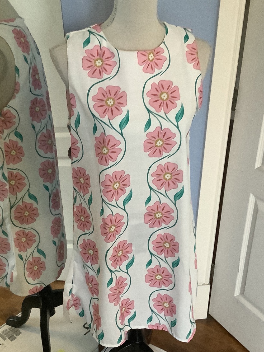 Sleeveless White Shift Dress with Pink Floral Print